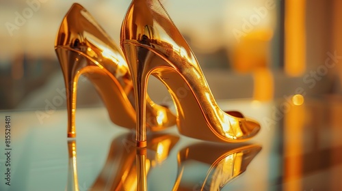 A pair of gold high heels with a stiletto heel.

 photo
