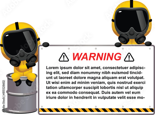 Vector cute Characters wearing Protective suit and gas mask holding a message board which you can replace text. PPE suit, Industrial safety, isolated on white background.