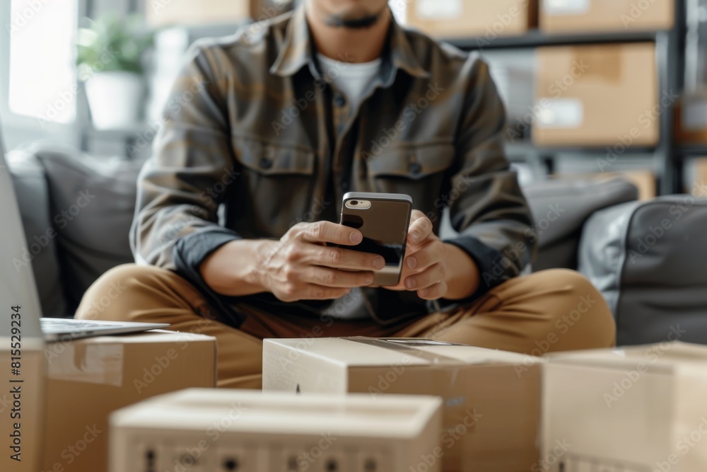 A man is sitting on a box with a tablet in his hand. sme and delivery concept A man is sitting on a box with a tablet in his hand. sme and delivery concept