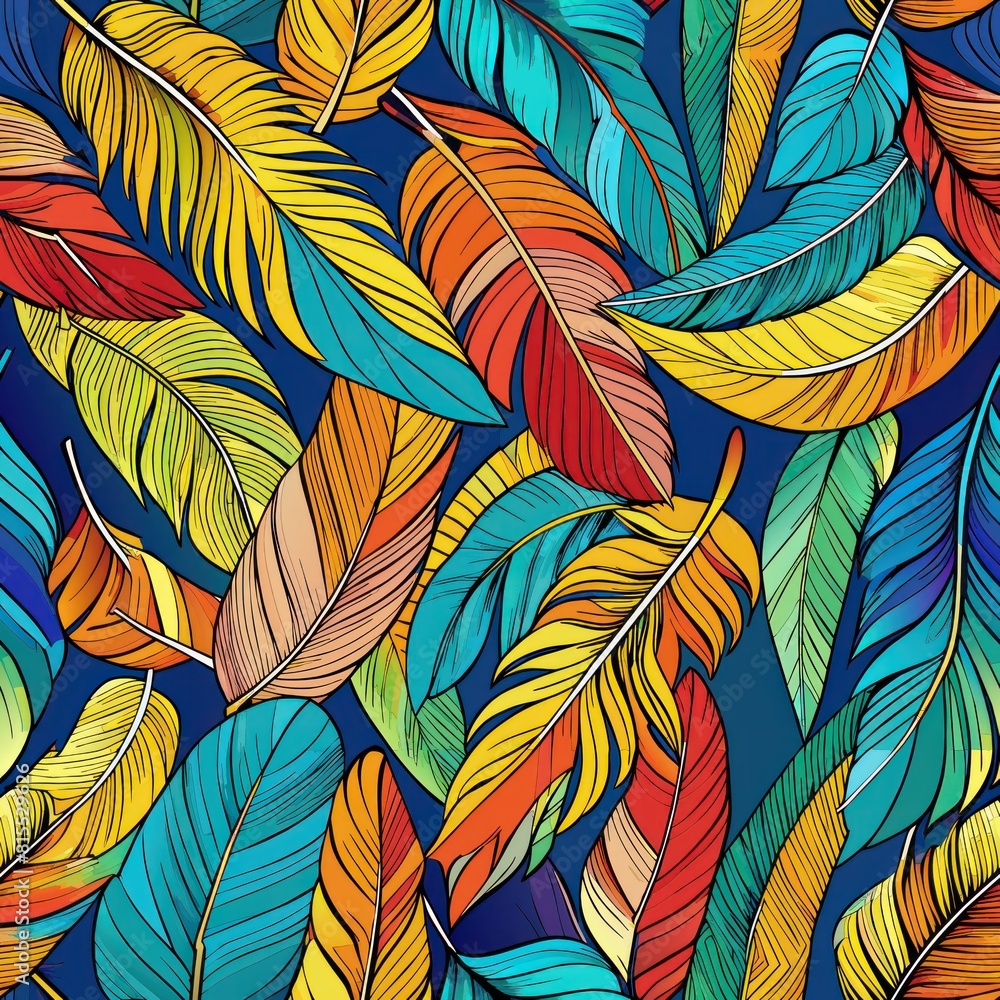 Seamless pattern of colorful parrot feathers in tropical hues, Generative AI