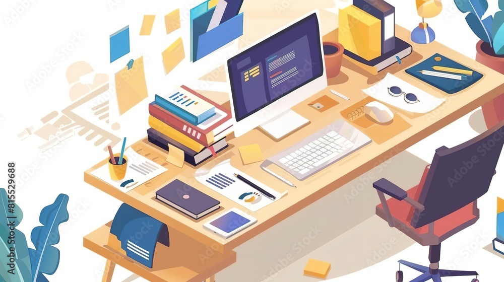 isometric home office workspace with computer, books, documents, supplies. Remote work concept. isometric home office workspace with computer, books, documents, supplies. Remote work concept.