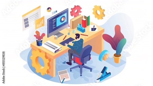 isometric illustration of a man sitting at his desk working on a computer