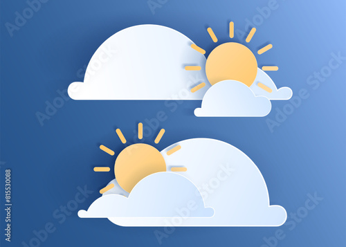 Paper cut weather element of clouds and sun on blue sky background. Forecast white cloud icon symbol collection. 3D Papercraft frame icon for posters and flyers, presentation, web, social media, desig