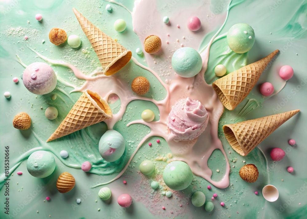 An abstract composition with melting ice cream. Splash and splash of ice cream. Still life with an image of an overturning ice cream cone on a green background.