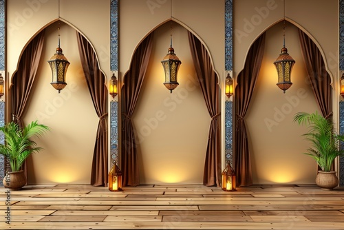 Elegant ramadan kareem abstract islamic interior with lanterns, arches, doors, and greenery