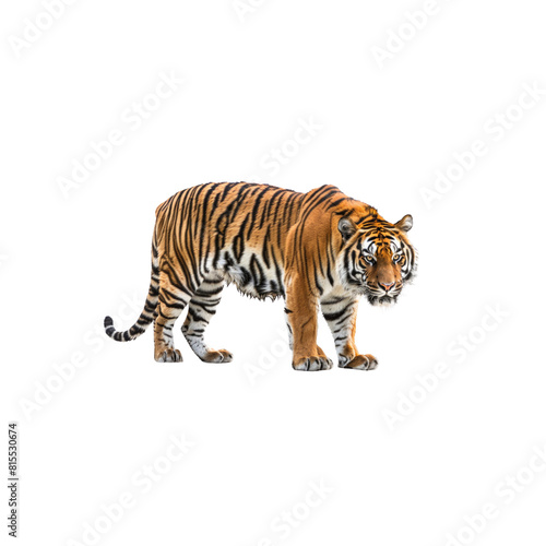 A tiger is standing on a white background