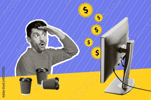 Composite creative photo collage of impressed man look at computer display drink coffee check bitcoin isolated on drawn background photo