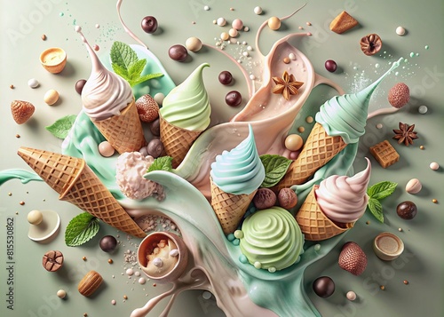 An abstract composition with melting ice cream. Splash and splash of ice cream. Still life with an image of an overturning ice cream cone on a green background.