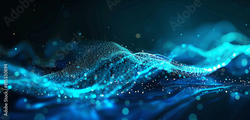 Radiant cyan glowing wave with particles on dark.