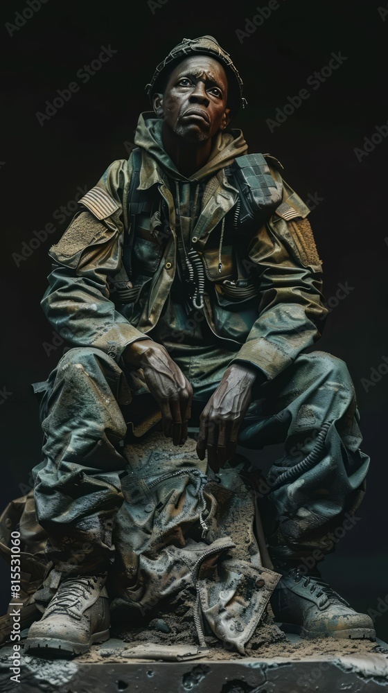 A post-apocalyptic survivor sits on a pile of rubble. A post-apocalyptic survivor sits on a pile of rubble.
