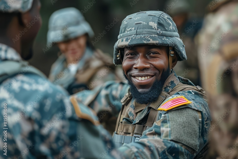 A smiling soldier in the middle of a group of other soldiers.