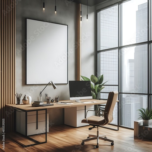 A desk with a chair and a picture frame in a room with tall windows image harmony has illustrative meaning used for printing.