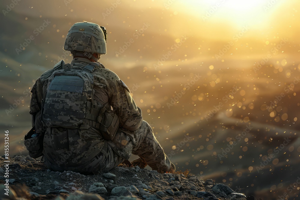 A soldier sits on a hill and gazes at the sunset. A soldier sits on a hill and gazes at the sunset.