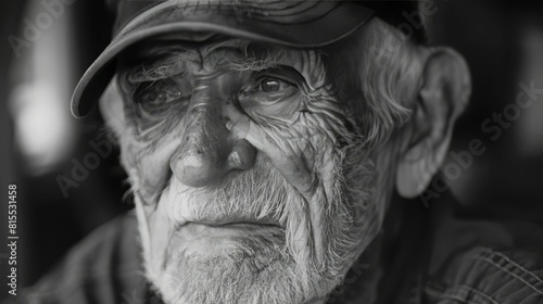 Close up portrait of a weathered old man staring off into the distance, contemplating his life.