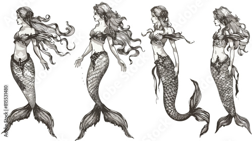 Mermaid in various postures hand drawn contour illustration photo