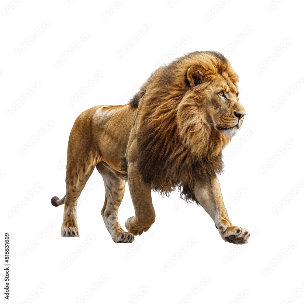 Obraz premium A large lion is walking across a white background