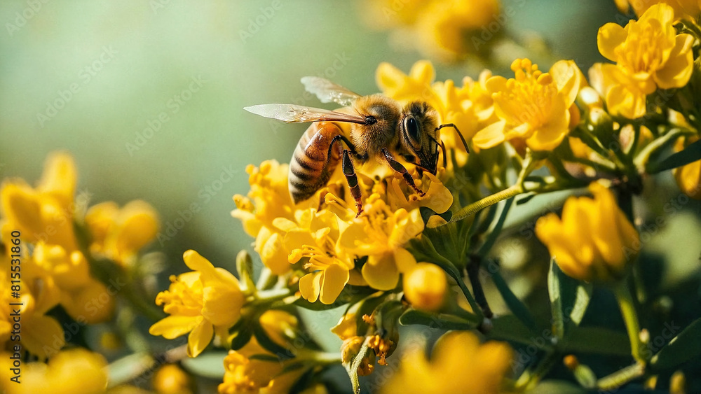 Honey bee and beautiful yellow flower, spring summer season, Wild nature landscape, banner, beauty in Nature. Honey bee on yellow flower collect pollen. Wild nature landscape, banner. 