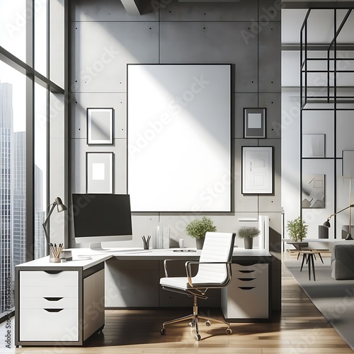 A desk with a computer and a chair in a room with a large window image card design. photo