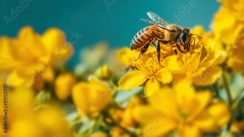 Honey bee and beautiful yellow flower, spring summer season, Wild nature landscape, banner, beauty in Nature. Honey bee on yellow flower collect pollen. Wild nature landscape, banner. 