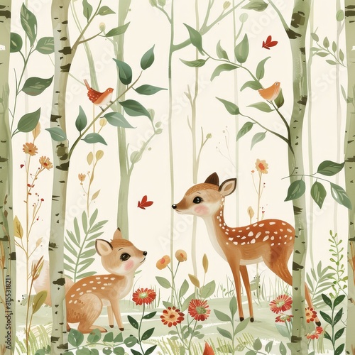 Illustration of a baby deer, fox, and birds in a serene forest setting, hand-drawn for use in kids' room wallpaper or wrapping paper, seamless pattern