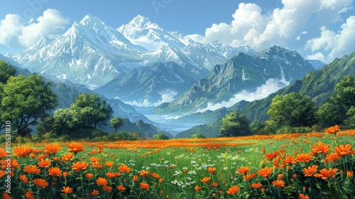 This cartoon scene features lush trees towering mountains and bright orange flowers