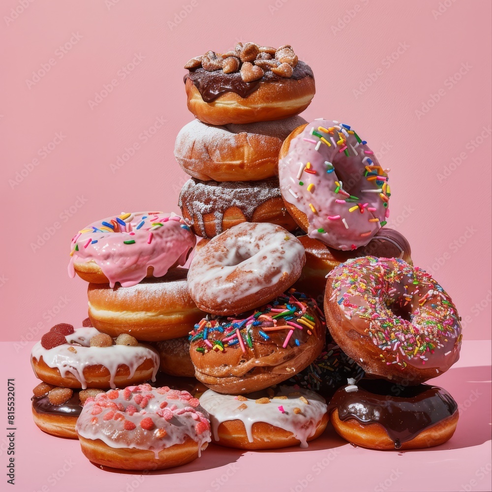 A colorful pile of donuts on a vibrant pink background, creating a playful and enticing scene