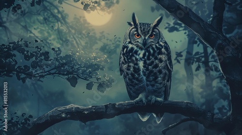 Mystical watercolor illustration of an owl perched on a gnarled branch at twilight  its wise gaze hand-drawn to reflect the stillness of the forest