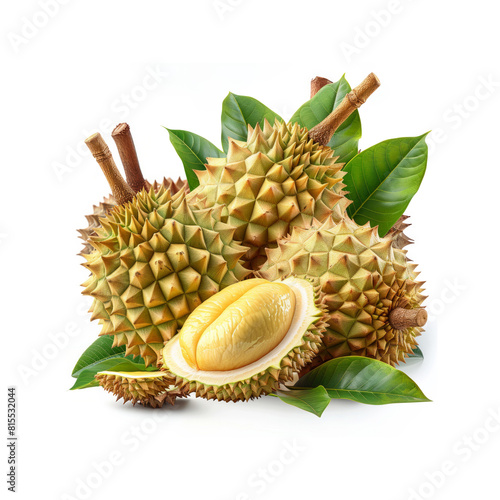 A bunch of unripe durians are displayed with one of them cut open