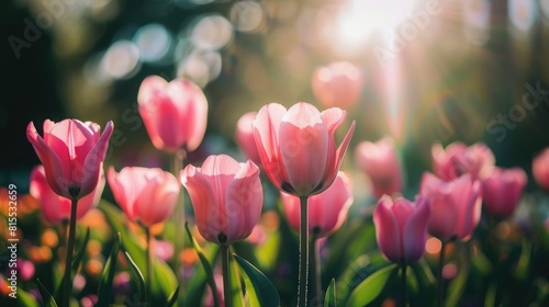 Pink tulips shining in the spring garden sun