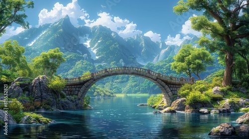 This cartoon illustration depicts a lush forest landscape dotted with ancient trees a steep hillside and a vibrant valley lake underneath the stone bridge's balustrade.
