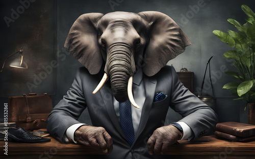 Businessman elephant in a gray suit  checking a wristwatch. Corporate jungle theme  large office background