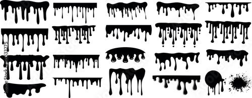 Dripping stain vector set, Black ink drips and splatters paint vector illustration on white. Perfect for abstract art, design elements, and grunge textures