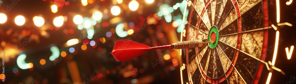 A red dart hits the bullseye of a dartboard. The dartboard is in a bar with a blurred background of lights. A red dart hits the bullseye of a dartboard. The dartboard is in a bar with a blurred background of lights.