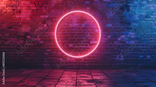 Focus on a simple neon circle glowing against a complex, textured brick backdrop, close-up, vibrant, Blend mode, representing simplicity amidst chaos