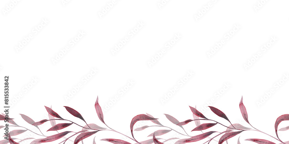 Monochrome burgundy twigs with leaves. Seamless pattern frame, banner isolated on white background. Hand drawn watercolor illustration. For design, invitations, cards, decoration
