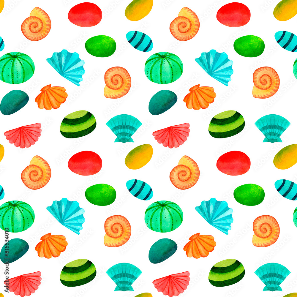 Doodle seashells and stones. Marine underwater sea animal seamless pattern, watercolor art in ocean kids style, for decor children, package, scrapbook, school, nursery, invitation, print, postcard Doodle seashells and stones. Marine underwater sea animal seamless pattern, watercolor art in ocean kids style, for decor children, package, scrapbook, school, nursery, invitation, print, postcard