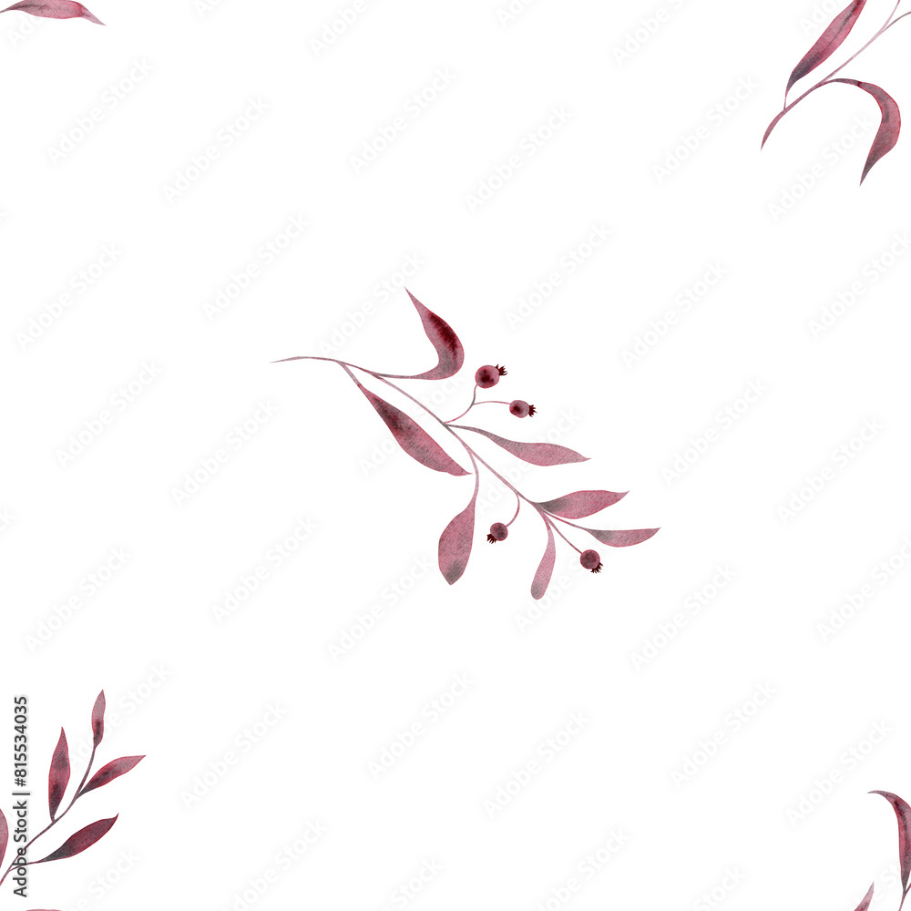 Fototapeta premium Monochrome burgundy twigs with leaves and berries. Seamless pattern on a white background. Hand drawn watercolor illustration. For design, fabrics, textiles, wallpaper, prints, wrapping paper