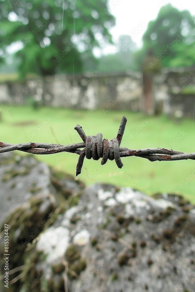 Barbed wire secures the top of a concrete fence for increased security and protection measures Barbed wire secures the top of a concrete fence for increased security and protection measures
