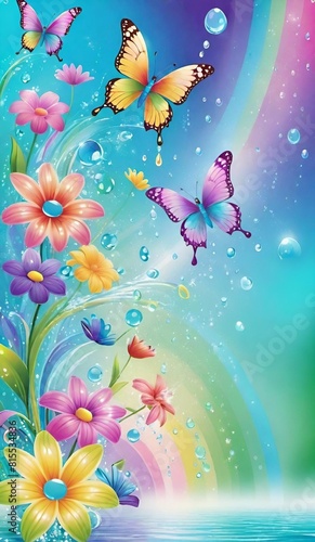 rainbow, butterflies and flowers