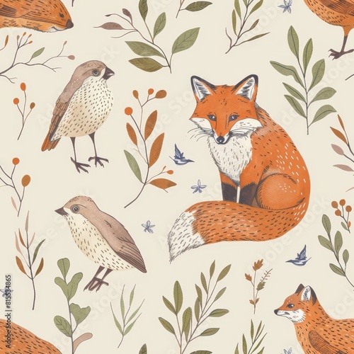 Seamless pattern of a fox  bear  and birds in hand-drawn style  perfect for eco-friendly wrapping paper or fabric with a focus on nature  isolated background