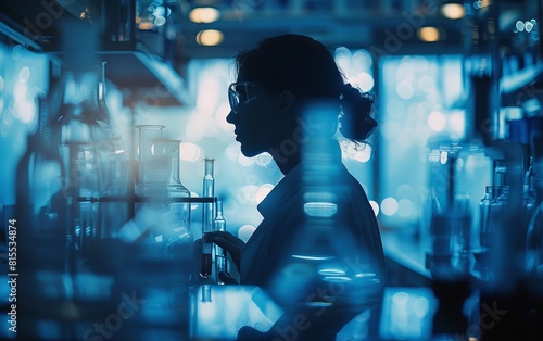 A young female scientist in a lab coat is working in a laboratory.