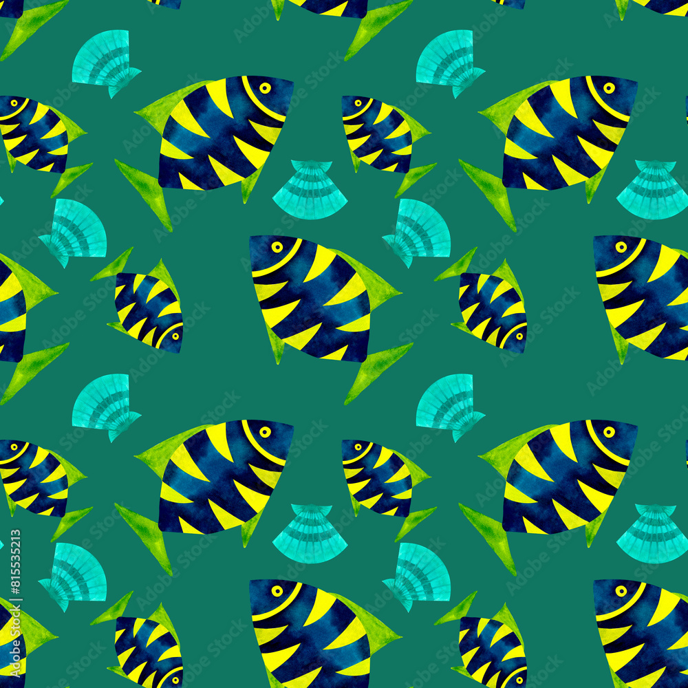 Blue and green sea fish and shells Marine underwater seamless pattern watercolor art in ocean kids style for decorating children room, package, scrapbook, school, nursery, invitation, print, postcard Blue and green sea fish and shells Marine underwater seamless pattern watercolor art in ocean kids style for decorating children room, package, scrapbook, school, nursery, invitation, print, postcard