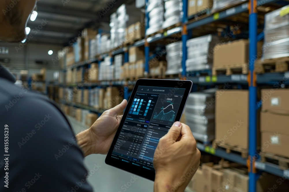A man holds a tablet with digital warehouse management software