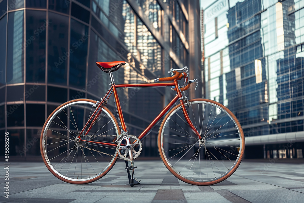 Vintage Orange Bicycle in Modern Urban Setting with Glass Buildings