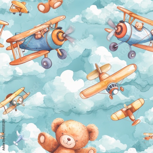 Seamless pattern with playful teddy bears in colorful biplanes soaring across a sky filled with soft, billowy clouds in watercolor