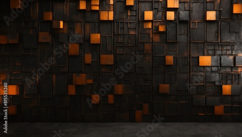 a black iron wall with squares on it, in the style of rustic futurism, 8k resolution, dark bronze and orange, industrial materials, simple shapes, realistic rendering, puzzle-like pieces photo