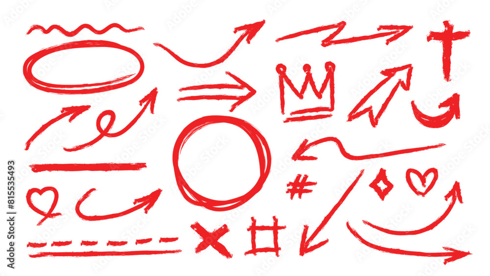 Red Arrow vector. Hand drawn brush stoke, speech bubble, line, cute doodle glitter pen line elements. vector illustration. Red Arrow vector. Hand drawn brush stoke, speech bubble, line, cute doodle glitter pen line elements. vector illustration.