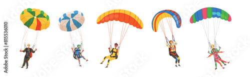 People Character with Parachute Skydiving Floating in Sky Vector Set
