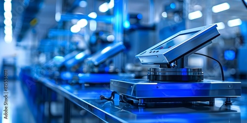 Closeup of futuristic weighing scales in a factory measuring materialsproducts weight. Concept Factory Automation, Weighing Scales, Material Measurement, Manufacturing Technology
