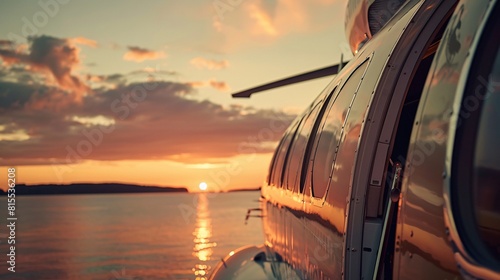 A helicopter is seen sitting atop the calm waters as the sun sets in the background, creating a serene and picturesque scene photo